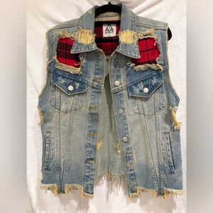 Unif Pieced Plaid Denim Vest Size M, Grunge, Boho, Festival, Trucker, Cowboy